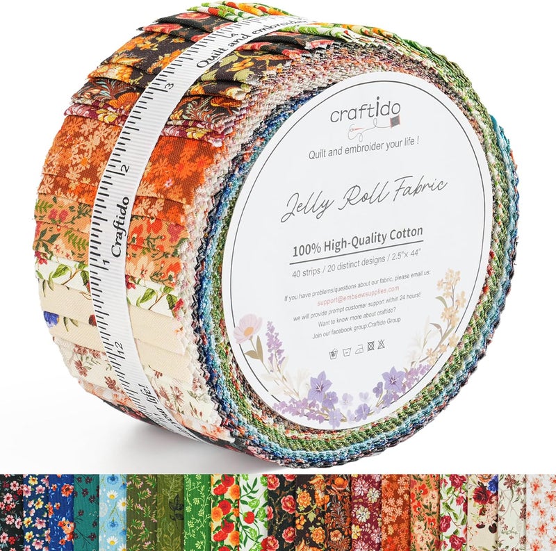 craftido -18 Options-100% Cotton Jelly Roll Fabric Precut Strips for Quilting, Crafting, and Sewing, 40 Strips 2.5" x 44" Assorted Bundles for Rug, Quilt Project, DIY Craft and Home Decor-Retro Style - Image 1